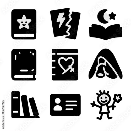 Bookshelf Memories Icons. Solid, filled icon set of book-themed nostalgia: childhood book, torn comic, bedtime story, worn-out