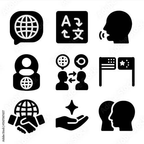 Cross-Cultural Communication Icons. Solid, filled icons set of cross-cultural communication: speech bubble