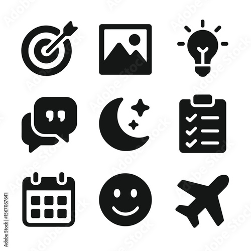 Journaling Icons Grid. Solid, filled icon set of journaling subjects: goals, memories, ideas, quotes, dreams, tasks, habits, moods