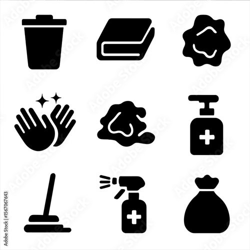 Cleanliness Icons Grid. Solid, filled icon set of Paper Towel disposal and cleanliness: waste bin, folded paper towel, crumpled