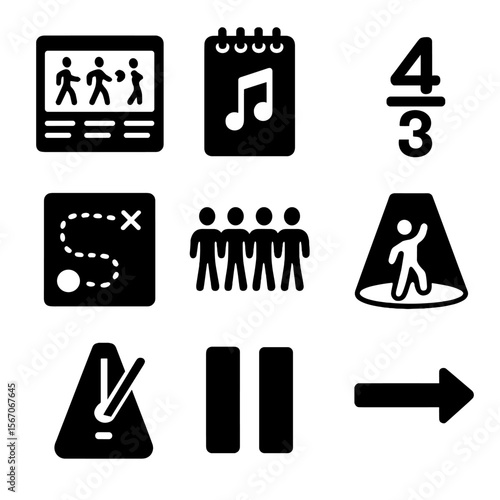 Dance Icon Grid. Solid, filled icons set of dance choreography concepts: storyboard, dance notes, time