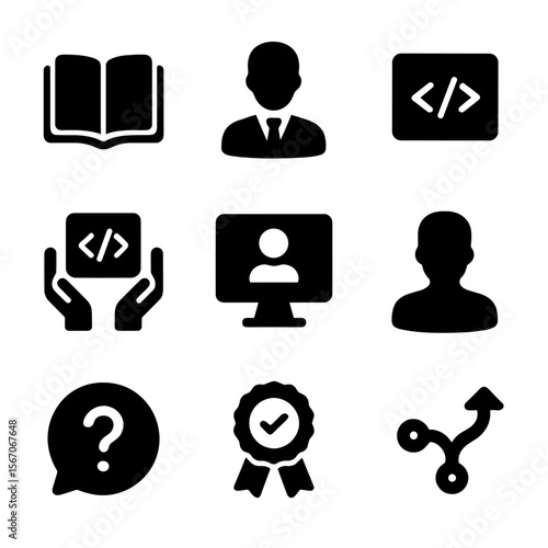 Coding Icons Grid. Solid, filled icon set of coding learning and mentorship: open book, mentor icon, code snippet card, hands-on