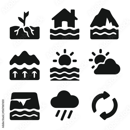 Climate Change Icons. Solid, filled icon set of climate effects on water cycle: drought symbol, flood level, melting glacier,