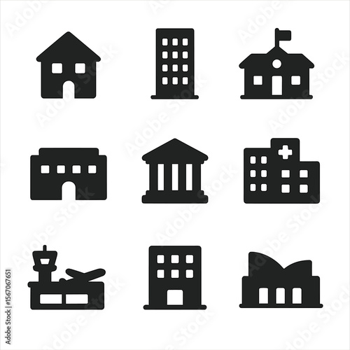 Building Typology Icons. Solid, filled icon set of building typology models: residential unit, office tower, school campus,