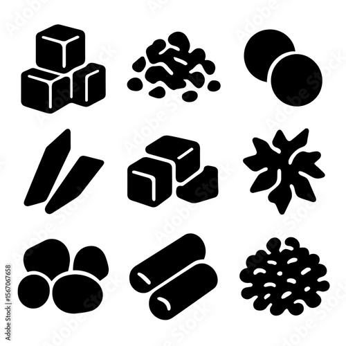Cocktail Ice Icons. Solid, filled icon set of cocktail ice shapes: cubes, crushed, spheres, shards, blocks, flakes, nuggets, tubes