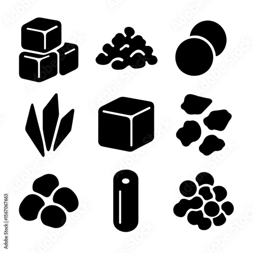 Cocktail Ice Icons. Solid, filled icon set of cocktail ice shapes: cubes, crushed, spheres, shards, blocks, flakes, nuggets, tubes