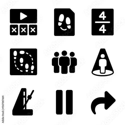Dance Icon Grid. Solid, filled icons set of dance choreography concepts: storyboard, dance notes, time