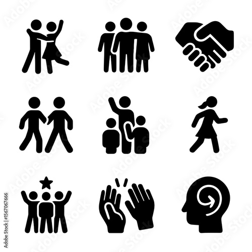 Dance Icon Set. Solid, filled icons set of collaborative dance storytelling: duet pose, group formation, hand