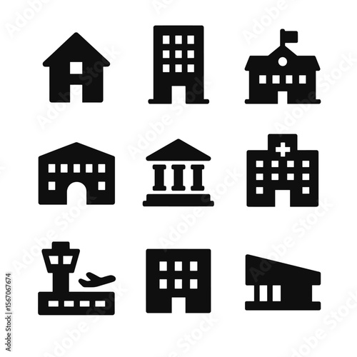 Building Typology Icons. Solid, filled icon set of building typology models: residential unit, office tower, school campus,
