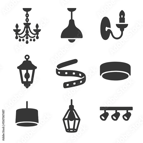 Decorative Lighting Icons. Solid, filled icons set of decorative lighting options: crystal chandelier, pendant