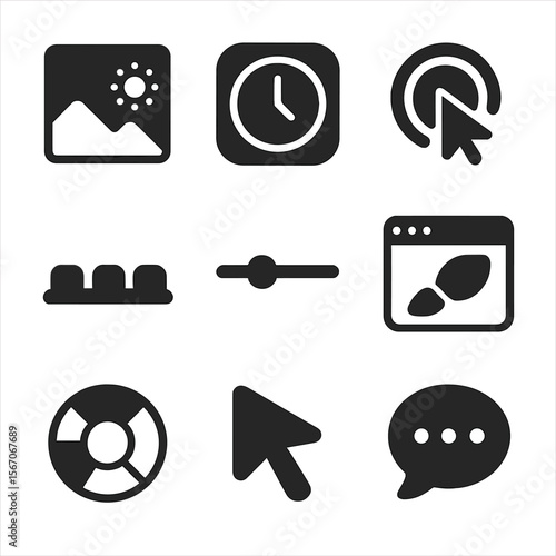 Desktop Customization Icons. Solid, filled icons set of desktop customization visuals: wallpaper sun, widget