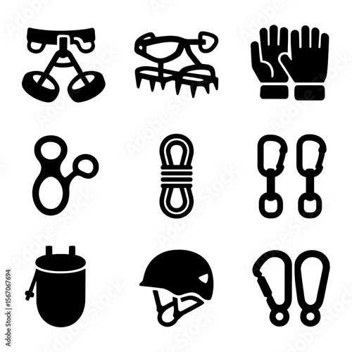Climbing Gear Icons. Solid, filled icon set of mountain climbing equipment: harness, crampons, climbing gloves, belay device, rope