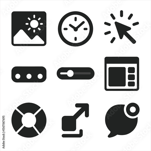Desktop Customization Icons. Solid, filled icons set of desktop customization visuals: wallpaper sun, widget