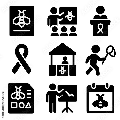 Bee Education Icons. Solid, filled icons set of education and outreach for bee awareness: bee poster, school