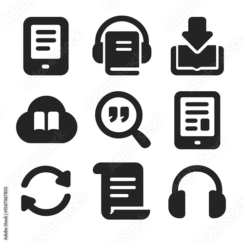 Digital Reading Icons. Solid, filled icons set of digital reading platforms: e-reader, audiobook icon,