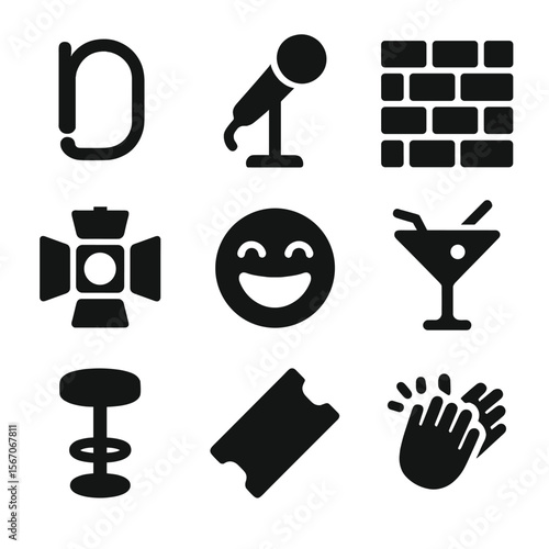 Comedy Club Icons. Solid, filled icon set of comedy club night: neon lamp, stage microphone, brick wall, spotlight, laughing face,