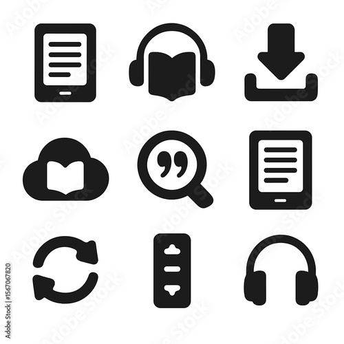 Digital Reading Icons. Solid, filled icons set of digital reading platforms: e-reader, audiobook icon,