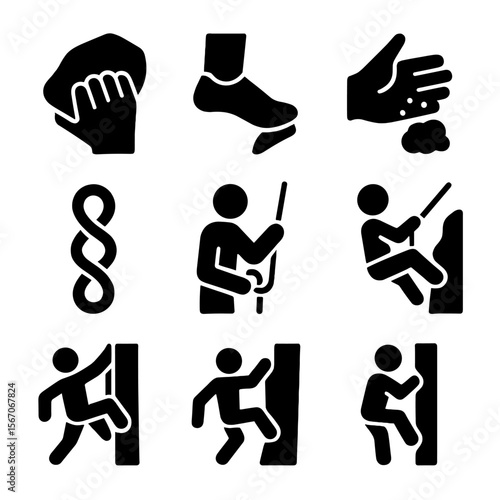 Climbing Techniques Icons. Solid, filled icon set of climbing techniques: hand grip, foot hook, chalk application, rope knot,