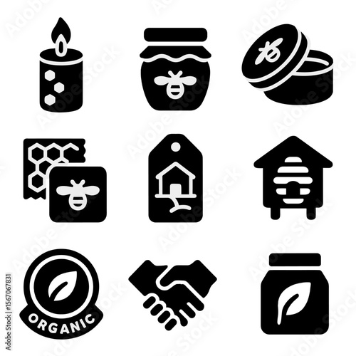 Bee Product Icons. Solid, filled icons set of bee product sustainability: beeswax candle, ethical honey jar,
