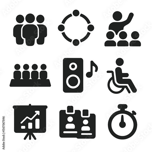 Adaptive Fitness Icons. Solid, filled icons set of group adaptive fitness classes: diverse group icon, team