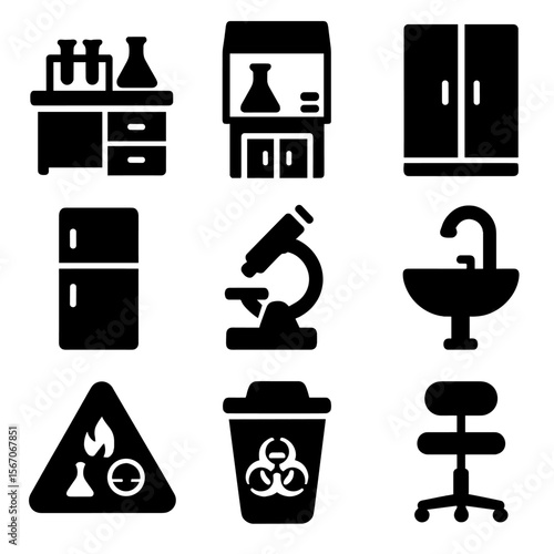 Lab Equipment Icons. Solid, filled icon set of lab environment: lab bench, fume hood, storage cabinet, refrigerator, microscope,