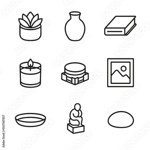 Minimalist Side Table Icons. Outline icon set of minimalist side table styling: succulent pot, ceramic vase, hardcover book,