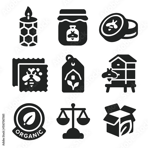 Bee Product Icons. Solid, filled icons set of bee product sustainability: beeswax candle, ethical honey jar,