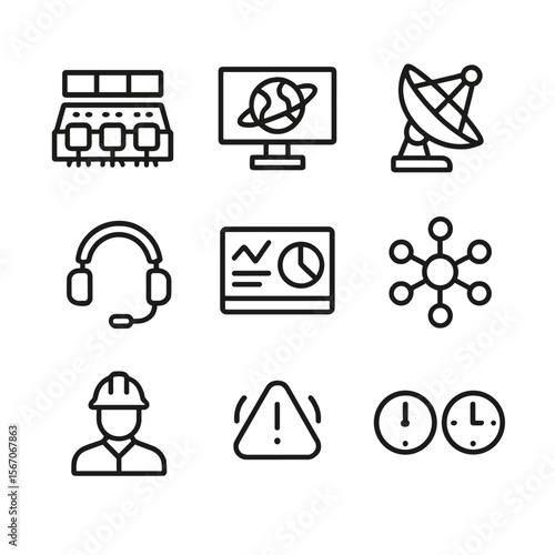 Mission Control Icons. Outline icon set of mission control operations: control console bank, large display screen, satellite dish,