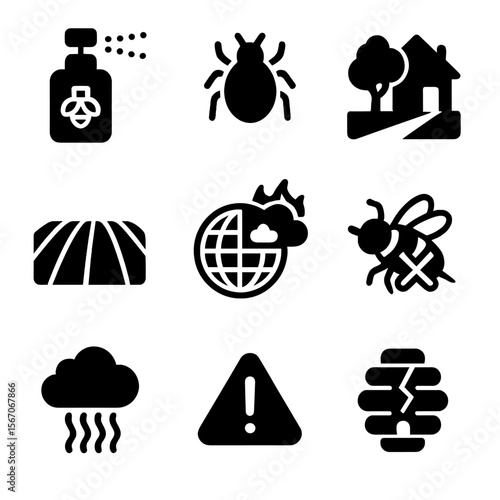 Bee Threat Icons. Solid, filled icons set of threats to bee populations: pesticide spray, mite icon, habitat