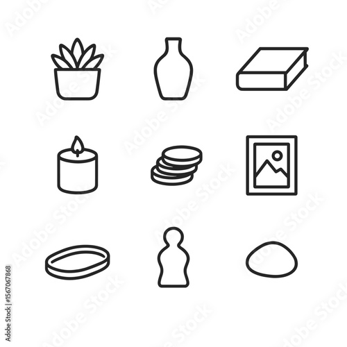 Minimalist Side Table Icons. Outline icon set of minimalist side table styling: succulent pot, ceramic vase, hardcover book,