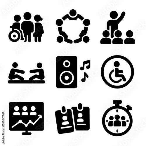 Adaptive Fitness Icons. Solid, filled icons set of group adaptive fitness classes: diverse group icon, team