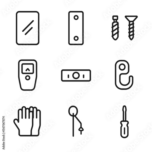 Mirror Installation Icons. Outline icon set of mirror installation essentials: full-length mirror panel, mounting bracket, anchor