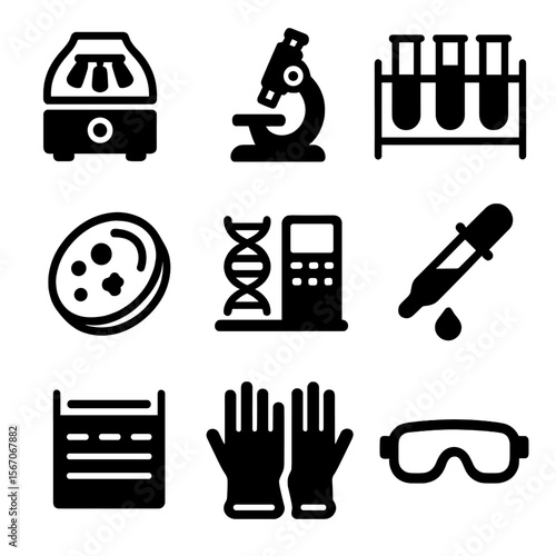 Lab Equipment Icons. Solid, filled icon set of laboratory equipment: centrifuge, microscope, test tube rack, petri dish, DNA