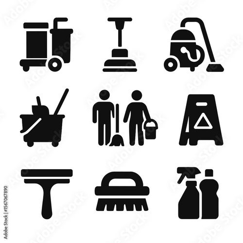 Commercial Cleaning Icons. Solid, filled icon set of commercial cleaning: janitor cart, floor buffer, industrial vacuum, cleaning