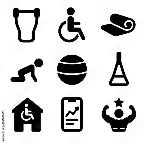 Adaptive Fitness Icons. Solid, filled icons set of adaptive fitness and exercise routines: resistance band,