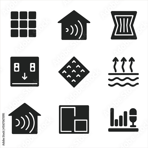 Acoustic Icon Set. Solid, filled icons set of acoustics and room sound: soundproof panel, room echo, bass trap