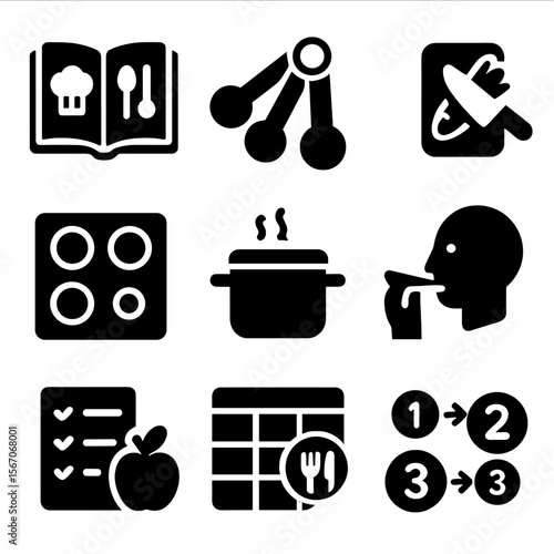 Beginner Cooking Icon Set. Solid, filled icons set of home cooking for beginners: recipe book, measuring