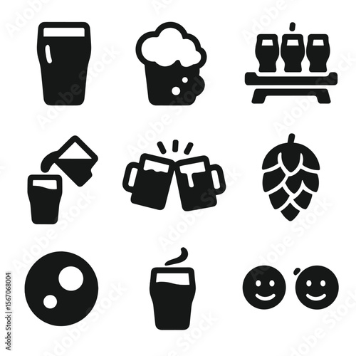 Beer Tasting Icons. Solid, filled icons set of beer tasting and enjoyment: pint glass, beer foam, tasting