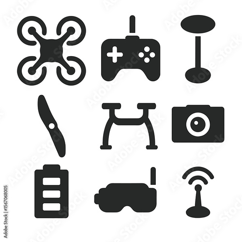 Drones Icon Set. Solid, filled icons set of drones and UAVs: quadcopter, drone controller, GPS antenna,