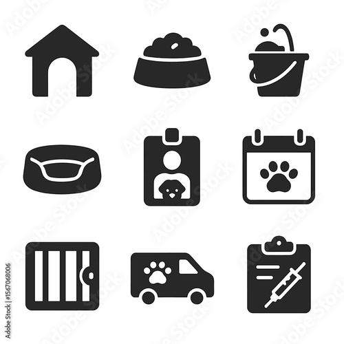 Animal Shelter Icons. Solid, filled icons set of animal shelter operations: kennel icon, food bowl, cleaning