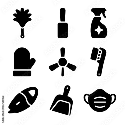 Dusting Essentials Icons. Solid, filled icons set of dusting essentials: feather duster, lint roller,
