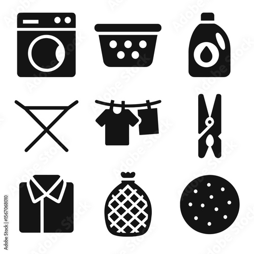 Laundry Icon Set. Solid, filled icon set of laundry and prep tools: washing machine, laundry basket, detergent bottle, drying rack