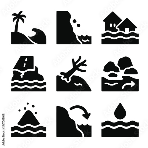 Coastal Erosion Icons. Solid, filled icon set of coastal erosion effects: beach loss, cliff erosion, flooded houses, damaged roads