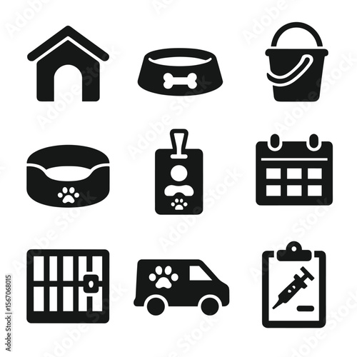 Animal Shelter Icons. Solid, filled icons set of animal shelter operations: kennel icon, food bowl, cleaning