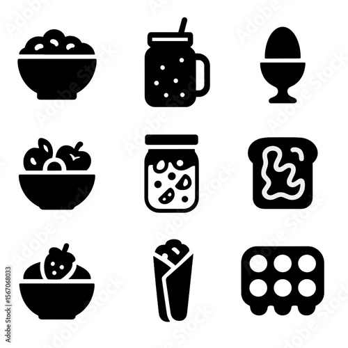 Breakfast Meal Icons. Solid, filled icon set of breakfast meal prep: oatmeal bowl, smoothie jar, boiled egg, fruit salad,