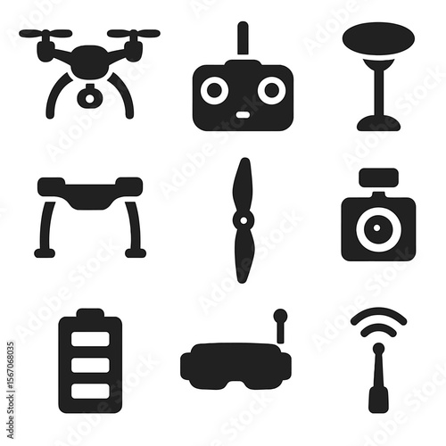 Drones Icon Set. Solid, filled icons set of drones and UAVs: quadcopter, drone controller, GPS antenna,