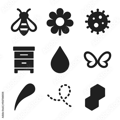 Bees and Pollination Icons. Solid, filled icons set of bees and pollination: honeybee, flower bloom, pollen