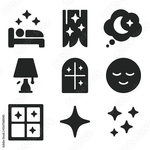 Dream Icons Collection. Solid, filled icons set of dreaming under the stars: sleeping figure, glowing stars,