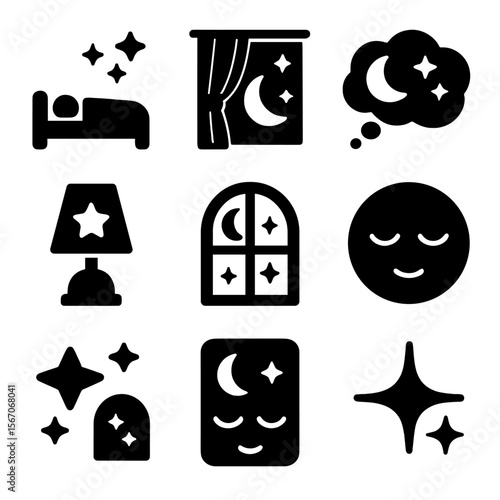 Dream Icons Collection. Solid, filled icons set of dreaming under the stars: sleeping figure, glowing stars,