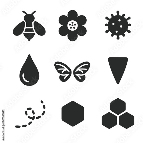 Bees and Pollination Icons. Solid, filled icons set of bees and pollination: honeybee, flower bloom, pollen